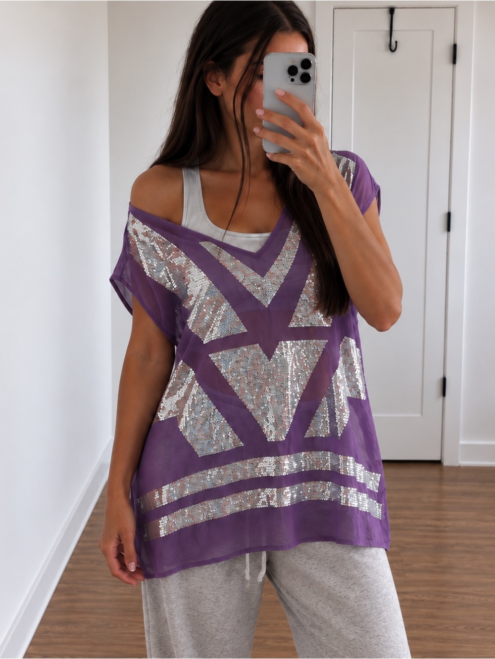 Saks Fifth Avenue Purple Sheer Silver Sequin
Oversized Top